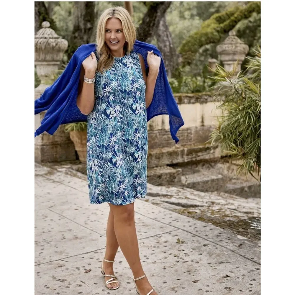 J. Jill Womens Dress Tropical Print Hawaii Beach Blue XL Stretch Coastal - Picture 1 of 12